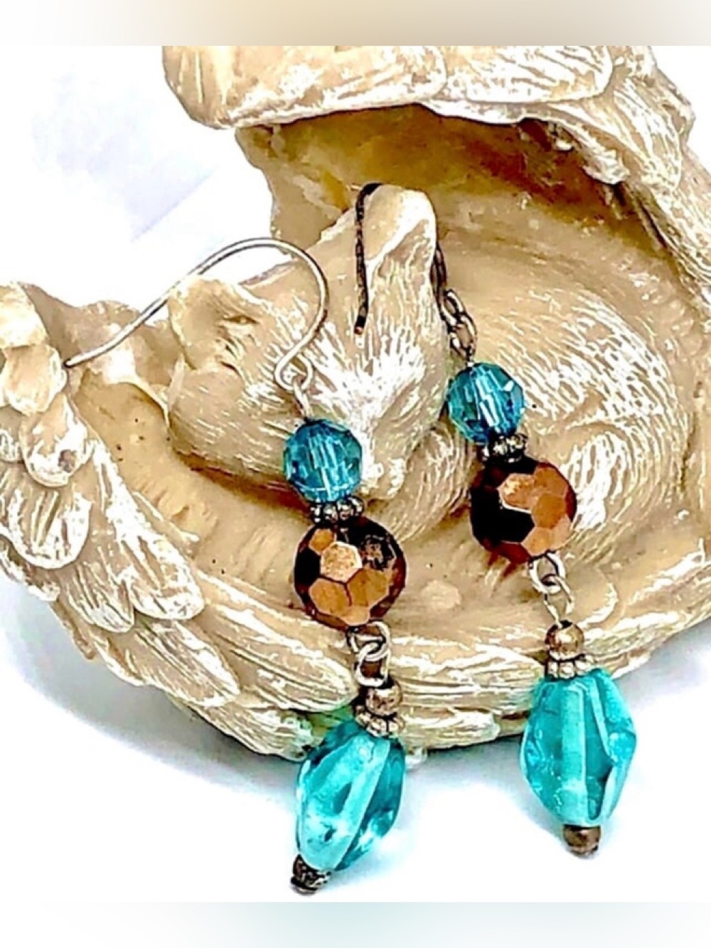 Vintage Boho Aqua Blue and Bronze Plated All Glass Mixed Bead Dangle Earrings 2”